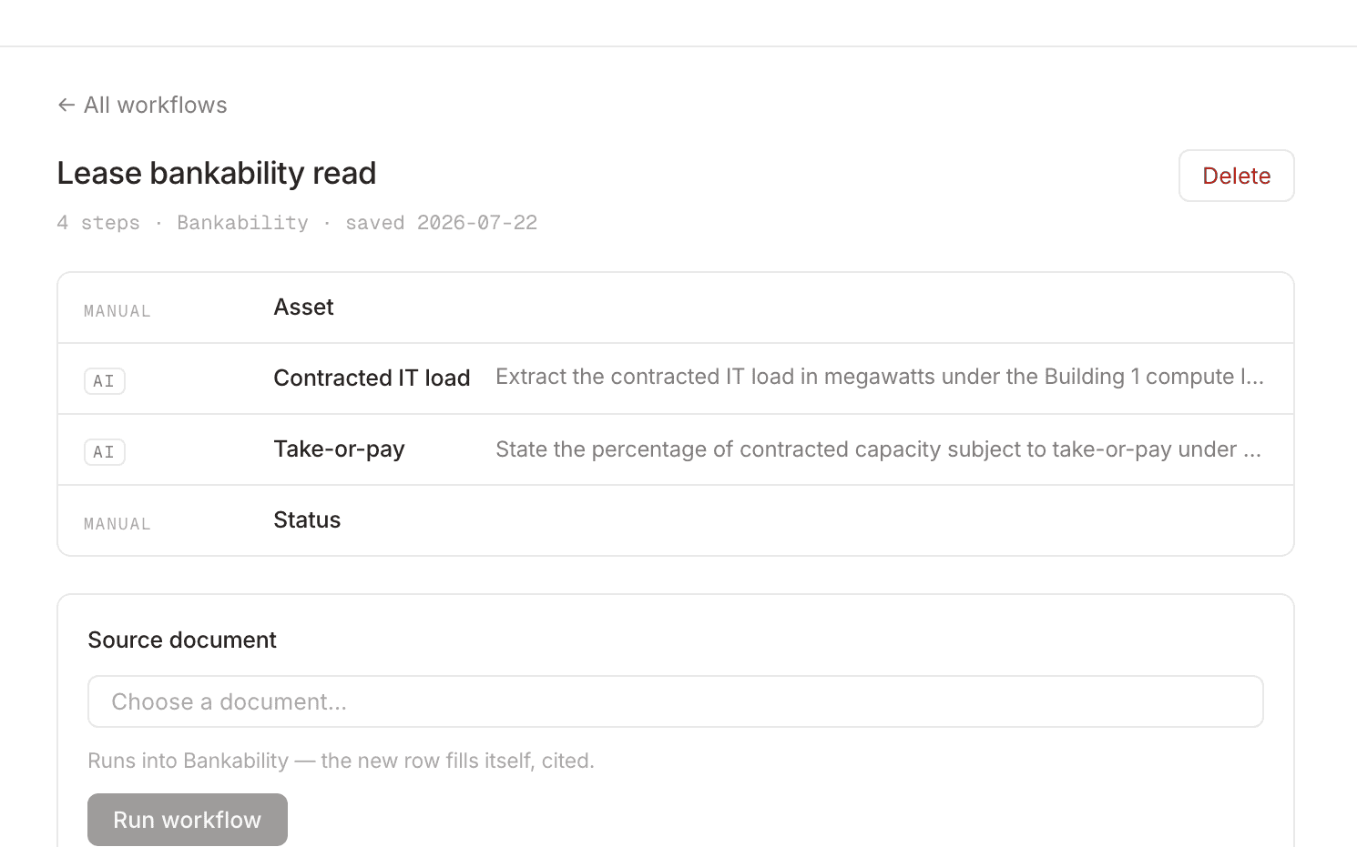 A Linth workflow's steps view: the saved column programs a run replays on a new lease.